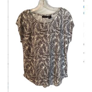 TAHARI SIZE LARGE 100% LINEN BLACK & WHITE LEAF PRINT CAP SLEEVE TOP